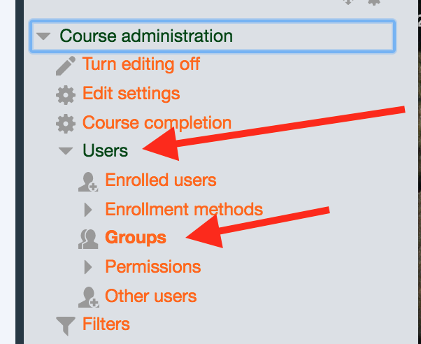 Moodle course administration block expanded, Users link expanded, Groups link display