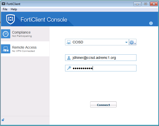 Windows Forticlient console login page display