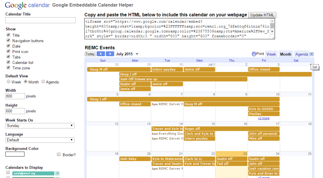 Google calendar Embeddable calendar settings display