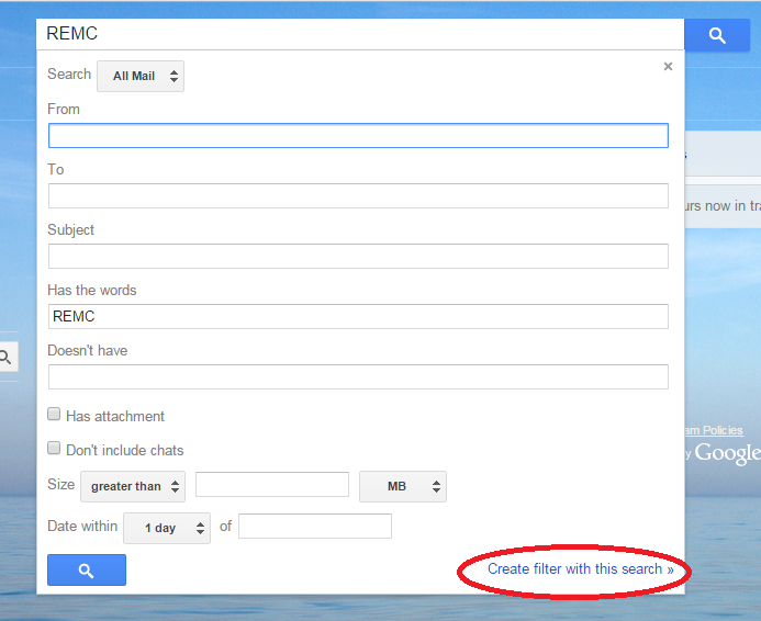 Gmail search bar options display