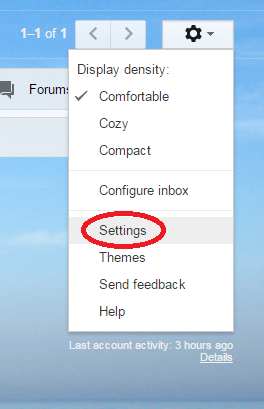 Gmail gear to settings display