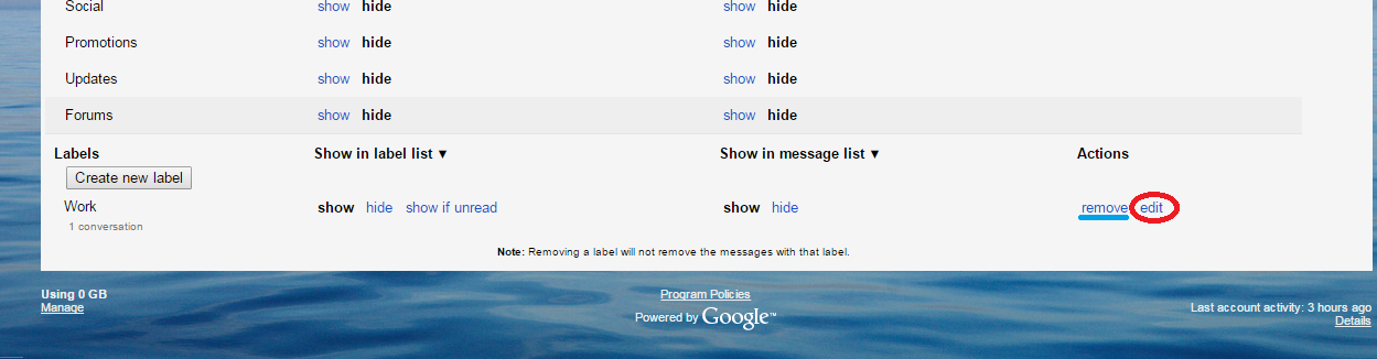 Gmail settings Labels tab display