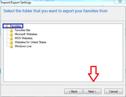 Select folder to export page, favorites options display