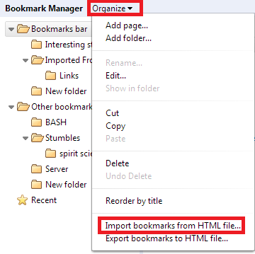 Bookmark manager, organize dropdown, Import bookmarks link