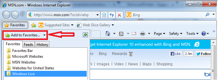 Windows internet explorer favorites button, add favorites dropdown display