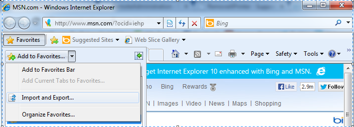 Windows internet explorer favorites button, add favorites dropdown options, import and export link display
