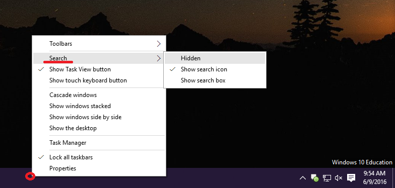 Windows right click task bar options display