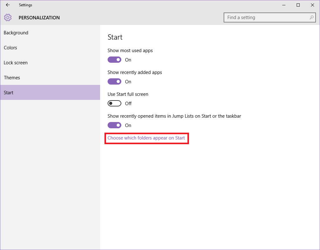 Windows settings, personalization, choose which folders appear on start link display