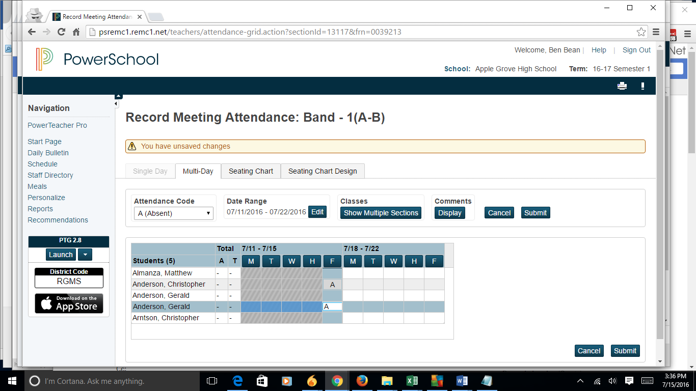 Powerschool record meeting attendance page display